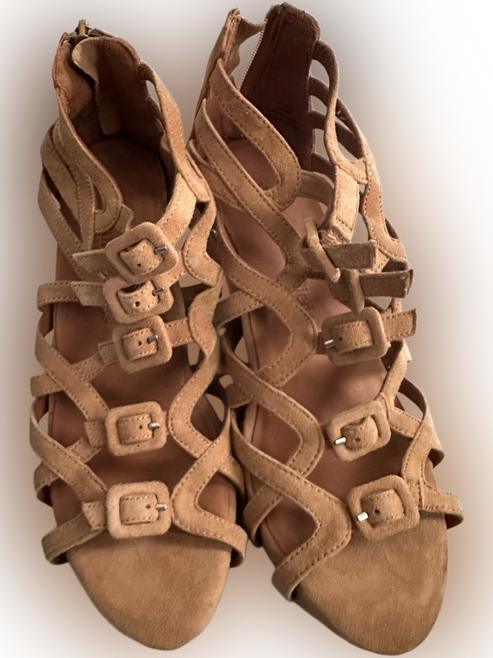 Suede Strappy Buckle Heels in Tan